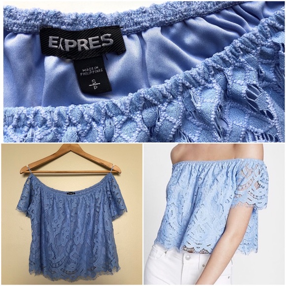 Light Blue Lace Off the Shoulder Top, S || Express - Picture 2 of 6